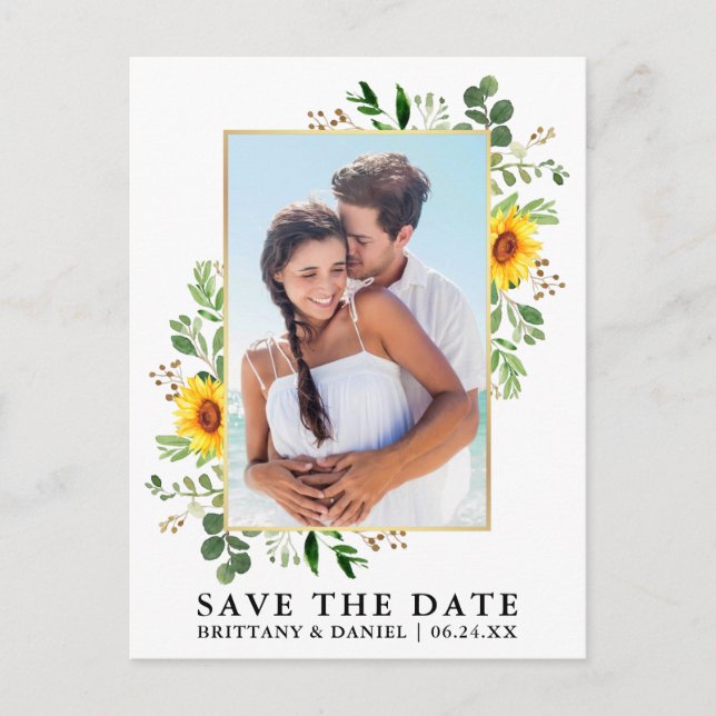 Watercolor Eucalyptus Sunflower Save The Date Postcard (Front)