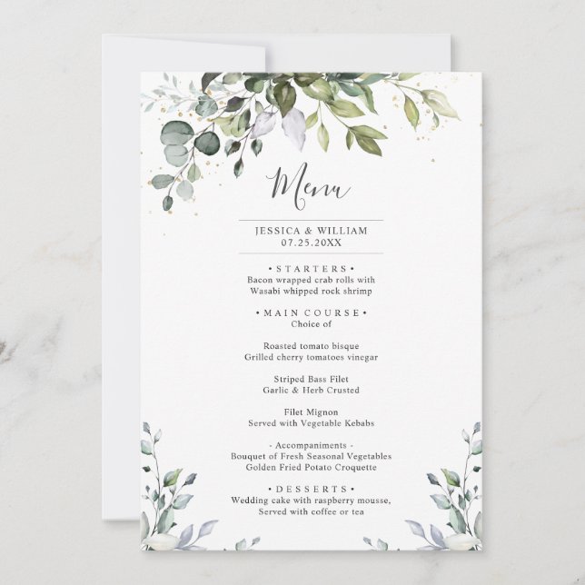 Watercolor Eucalyptus Wedding Dinner Menu Card (Front)