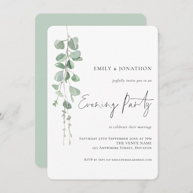 Watercolor Eucalyptus Wedding Evening Party Invitation (Front/Back)