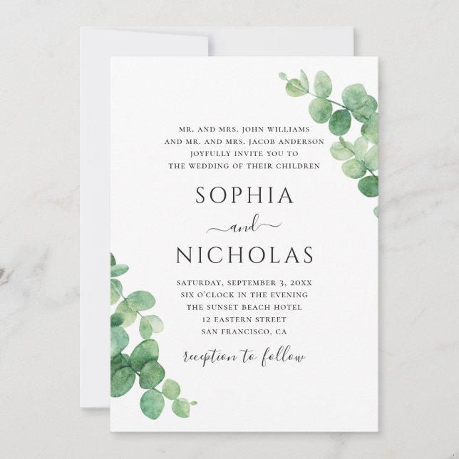 Watercolor eucalyptus wedding. Greenery foliage Invitation (Front)