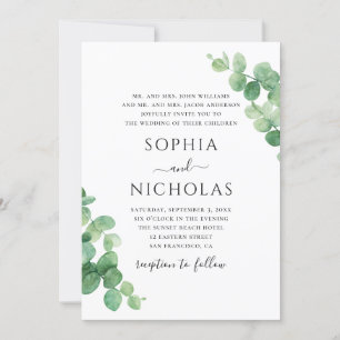 Watercolor eucalyptus wedding. Greenery foliage Invitation