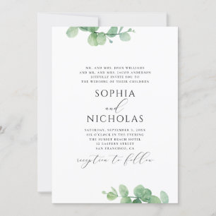 Watercolor eucalyptus wedding. Greenery foliage Invitation
