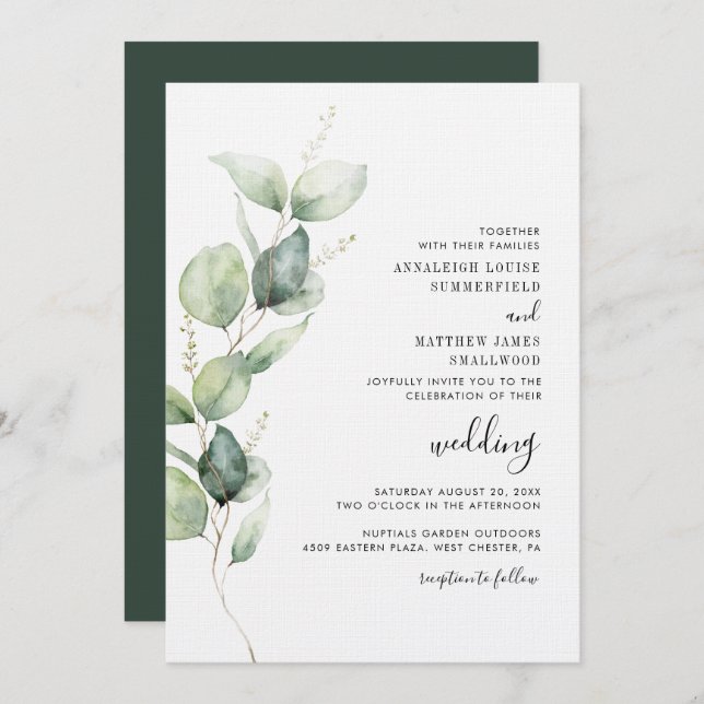Watercolor Eucalyptus Wedding Invitation (Front/Back)