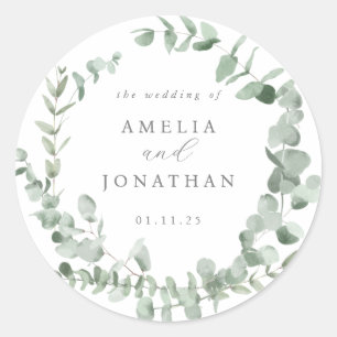 Watercolor Eucalyptus Wedding Invitation Classic Round Sticker