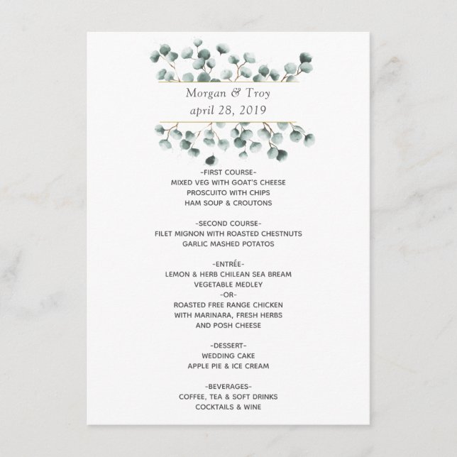 Watercolor Eucalyptus Wedding Menu (Front)