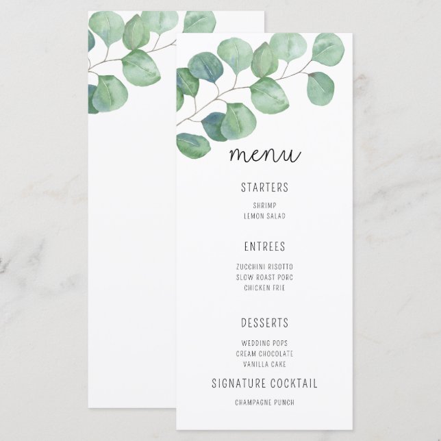 Watercolor Eucalyptus - Wedding Menu (Front/Back)