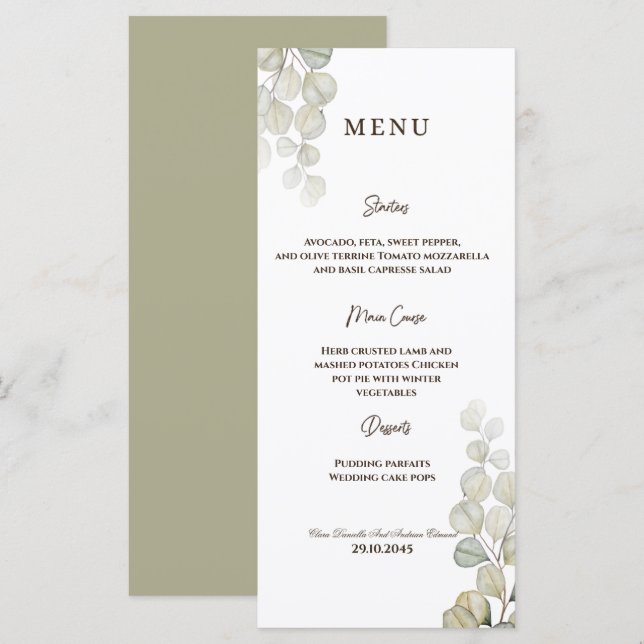 Watercolor Eucalyptus Wedding Menu (Front/Back)