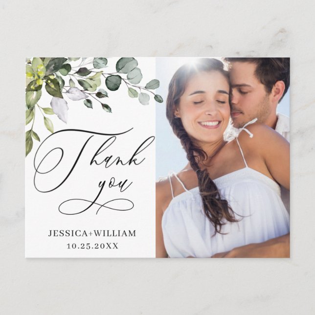 Watercolor Eucalyptus Wedding Photo Thank You Postcard (Front)