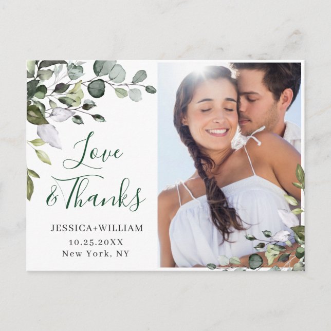 Watercolor Eucalyptus Wedding Photo Thank You Postcard (Front)