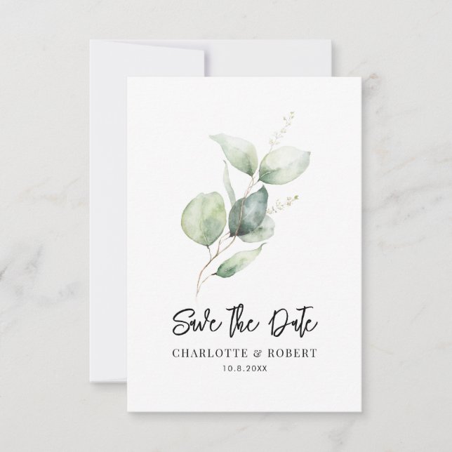 Watercolor Eucalyptus Wedding Save the Date (Front)