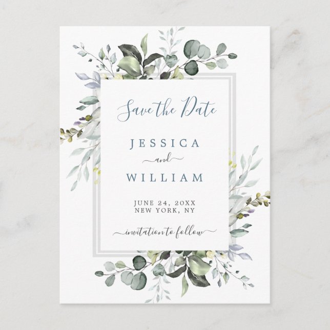 Watercolor Eucalyptus  Wedding Save the Date Announcement Postcard (Front)