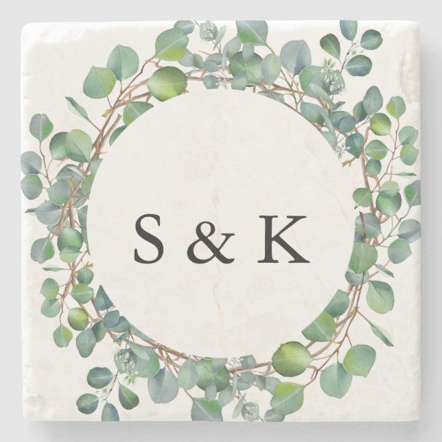 Watercolor Eucalyptus Wedding Stone Coaster (Front)