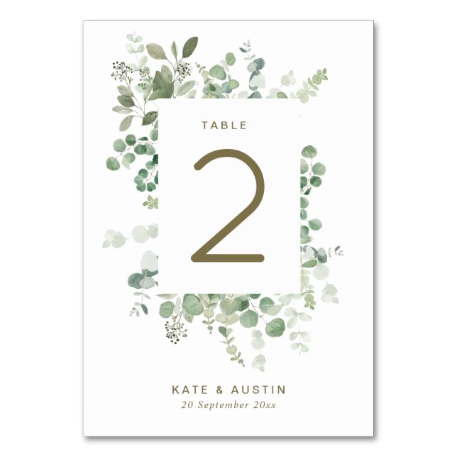Watercolor eucalyptus wedding table number (Front)