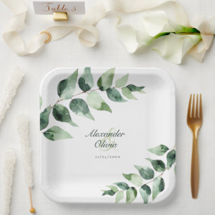 Watercolor Eucalyptus Wedding   White Paper Plate