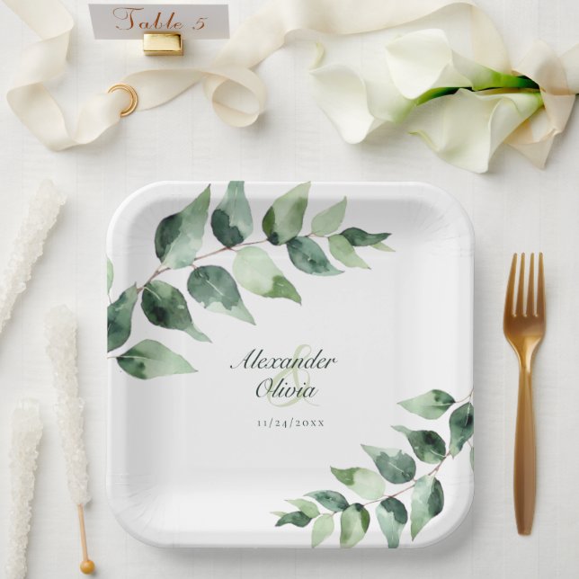 Watercolor Eucalyptus Wedding | White Paper Plate (Wedding)