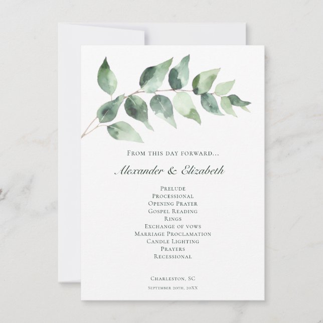 Watercolor Eucalyptus Wedding | White Program (Front)