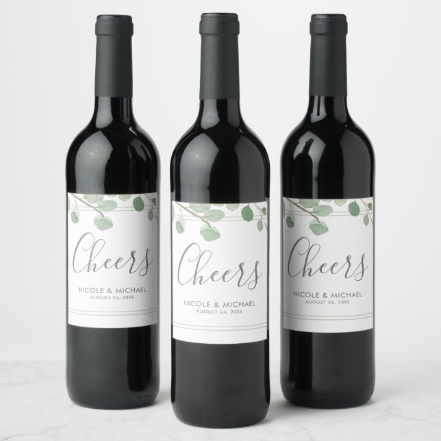 Watercolor Eucalyptus Wedding Wine Label (Bottles)