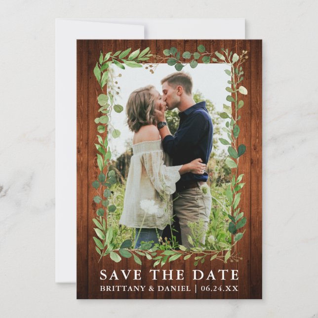 Watercolor Eucalyptus Wood Save The Date Card (Front)