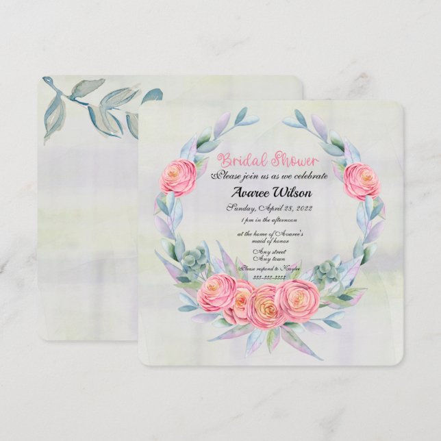 Watercolor Eucalyptus Wreath and Pink Roses Invitation (Front/Back)