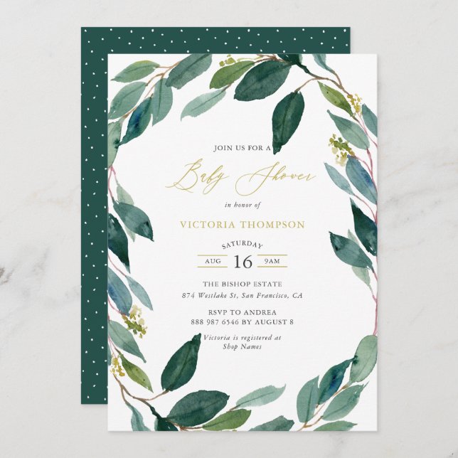 Watercolor Eucalyptus Wreath Baby Shower Invitation (Front/Back)
