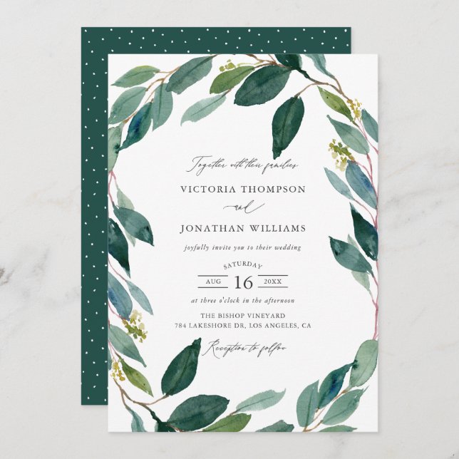 Watercolor Eucalyptus Wreath Botanical Wedding Invitation (Front/Back)