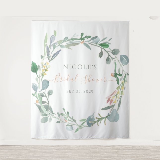 Watercolor Eucalyptus Wreath Bridal Shower Tapestry (Front)