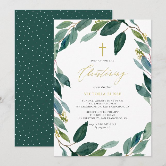 Watercolor Eucalyptus Wreath Christening Invitation (Front/Back)