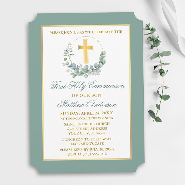 Watercolor Eucalyptus Wreath Gold Communion Invitation (Customize to change text color, text style or color of back of card.)