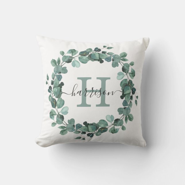 Watercolor Eucalyptus Wreath Greenery Monogram Cushion (Front)