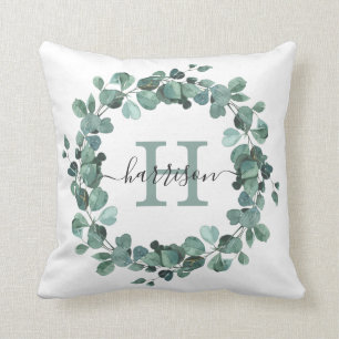 Watercolor Eucalyptus Wreath Greenery Monogram Cushion