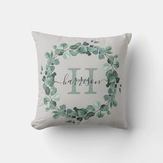 Watercolor Eucalyptus Wreath Greenery Monogram Cushion (Front)