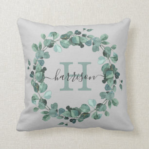 Watercolor Eucalyptus Wreath Greenery Monogram Cushion