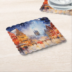 Watercolor European Winter Cityscape Christmas Paper Coaster