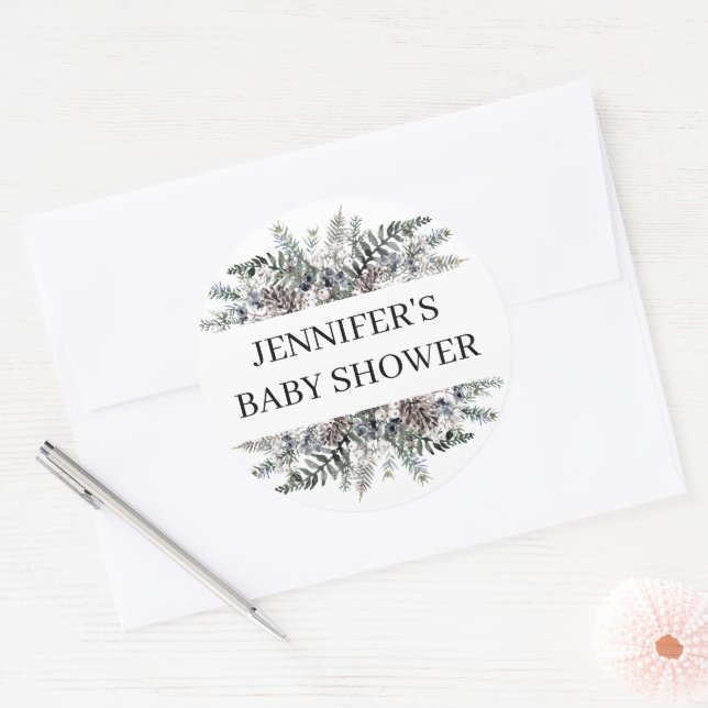 Watercolor evergreen baby shower  classic round sticker (Envelope)