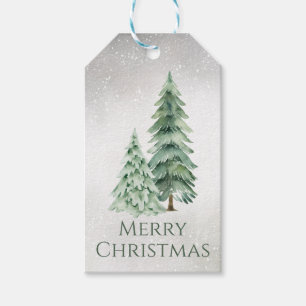 Watercolor Evergreen Christmas Trees on Gray Gift Tags