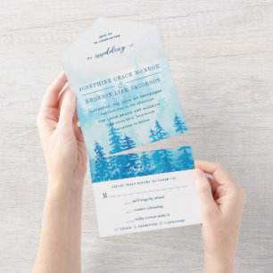Watercolor Evergreen Forest in Blue Wedding All In One Invitation