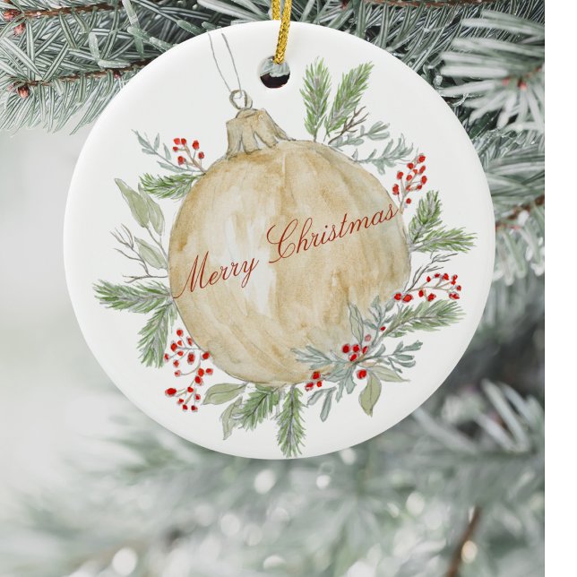 Watercolor Evergreen Golden Christmas  Ceramic Ornament (Creator Uploaded)