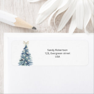 Watercolor evergreen pine tree with bows return address label