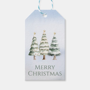 Watercolor Evergreen Trees with Gold Stars on Blue Gift Tags