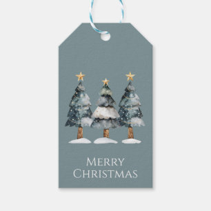 Watercolor Evergreen Trees with Gold Stars on Navy Gift Tags