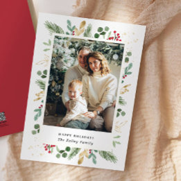 Watercolor Evergreens, Green Gold, Single Photo Holiday Card