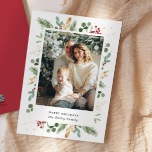 Watercolor Evergreens, Green Gold, Single Photo Holiday Card