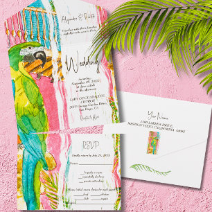 Watercolor Exotic Bird Lush Caribbean Wedding All In One Invitation