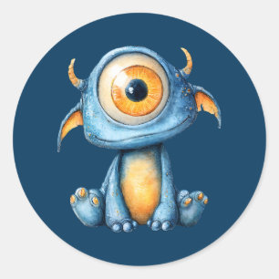 Watercolor Extraterrestrial Cute Alien Navy Blue Classic Round Sticker