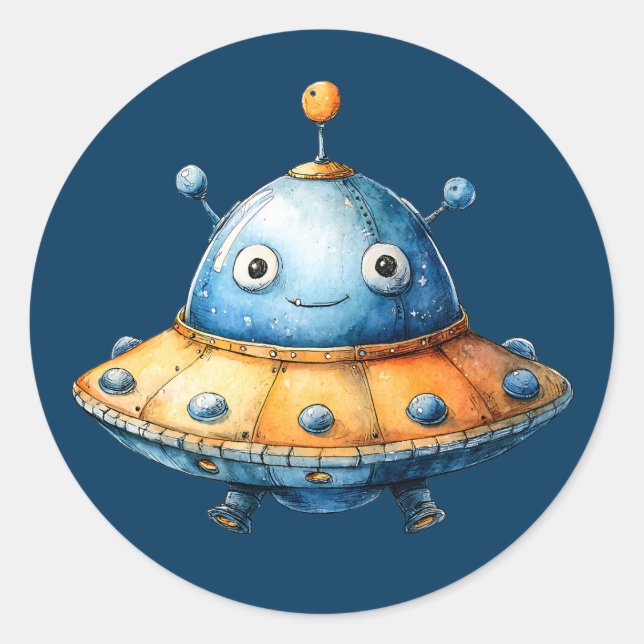 Watercolor Extraterrestrial Spaceship Cute UFO Classic Round Sticker (Front)