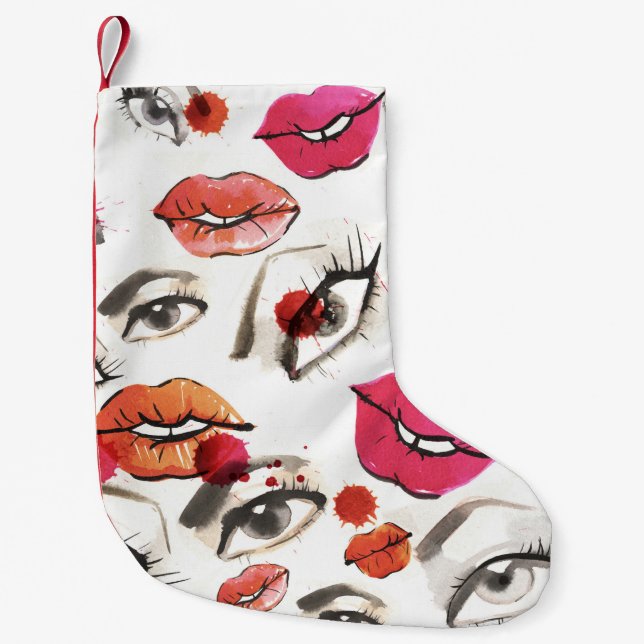 Watercolor Eyes & Lips Pattern Small Christmas Stocking (Front)