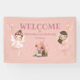 Watercolor Fairies and Pink House 1st Birthday  Banner