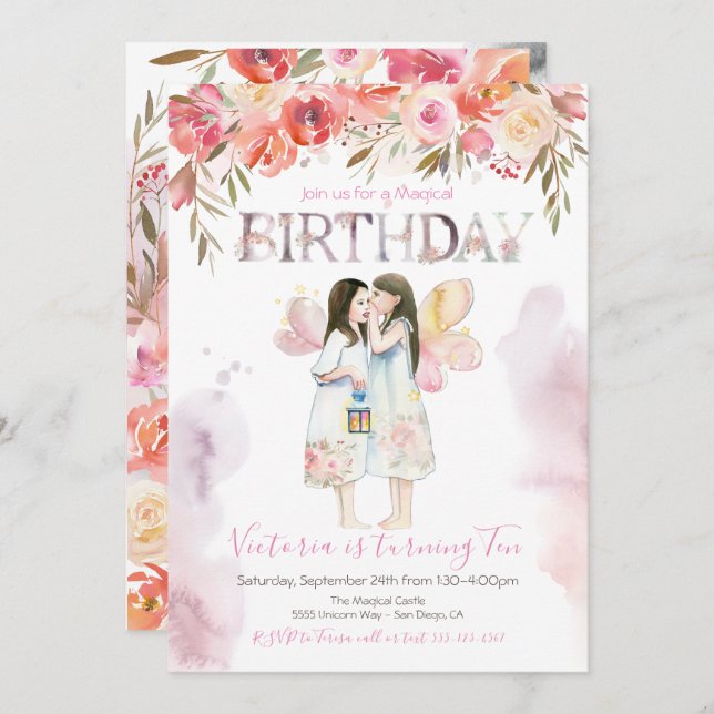 Watercolor Fairy Birthday Invitation (Front/Back)