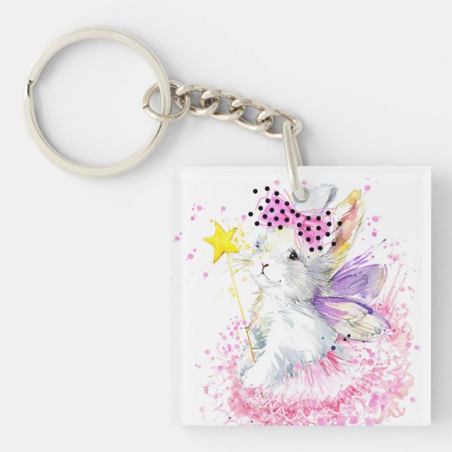 Watercolor Fairy Bunny Key Ring (Front)