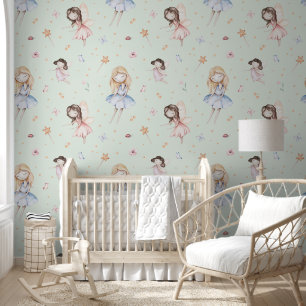 Watercolor Fairy Flowers Green Fairytale Nursery Wallpaper